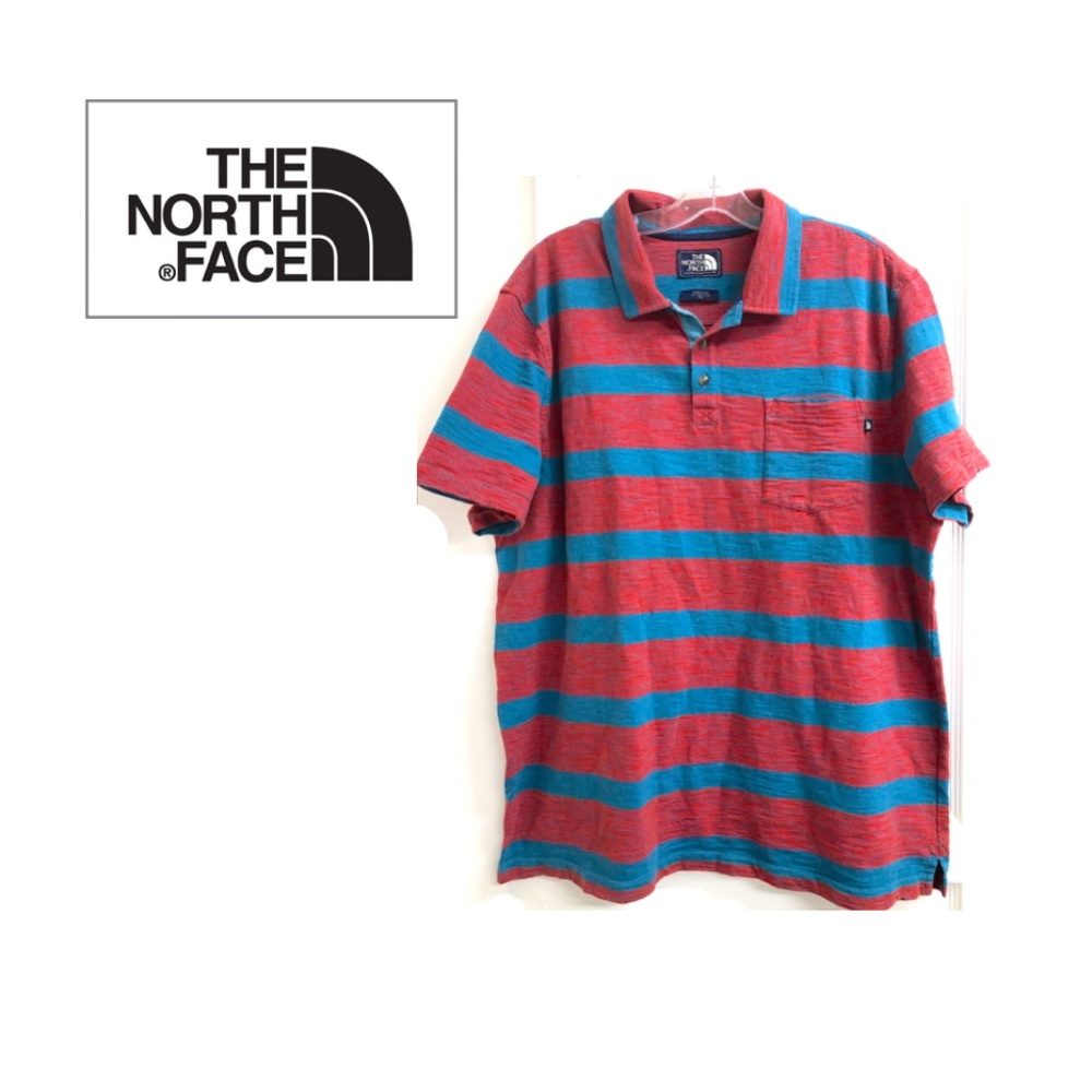 THE NORTH FACE Men's Pocket Polo Golf Shirt Red Blue Striped XL
